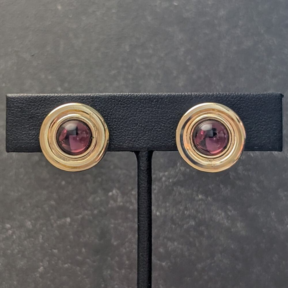 Vintage Avon Clip On Earrings Classy Gold Tone Halo with Purple Cabochon 5/8"